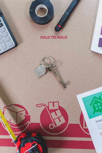 A flat cardboard moving box is shown on a work surface with various packing materials and tools arranged around it, indicative of a home relocation process. Visible items include a roll of black tape, a black marker, a white document or instruction sheet, and a calculator. In the foreground, there is a set of keys with a house-shaped keychain and a small silver lock, resting on the box. The box features part of a red and white printed diagram related to moving or packing instructions, with the words 'FOLD TO HOLD' printed in red above the diagram. The surface appears to be indoor, with the items organized in preparation for packing or loading furniture and belongings, consistent with a professional house removal service. The image illustrates the detailed preparations involved in furniture transport and packing for a home move, aligning with services provided by Finchley Man and Van.